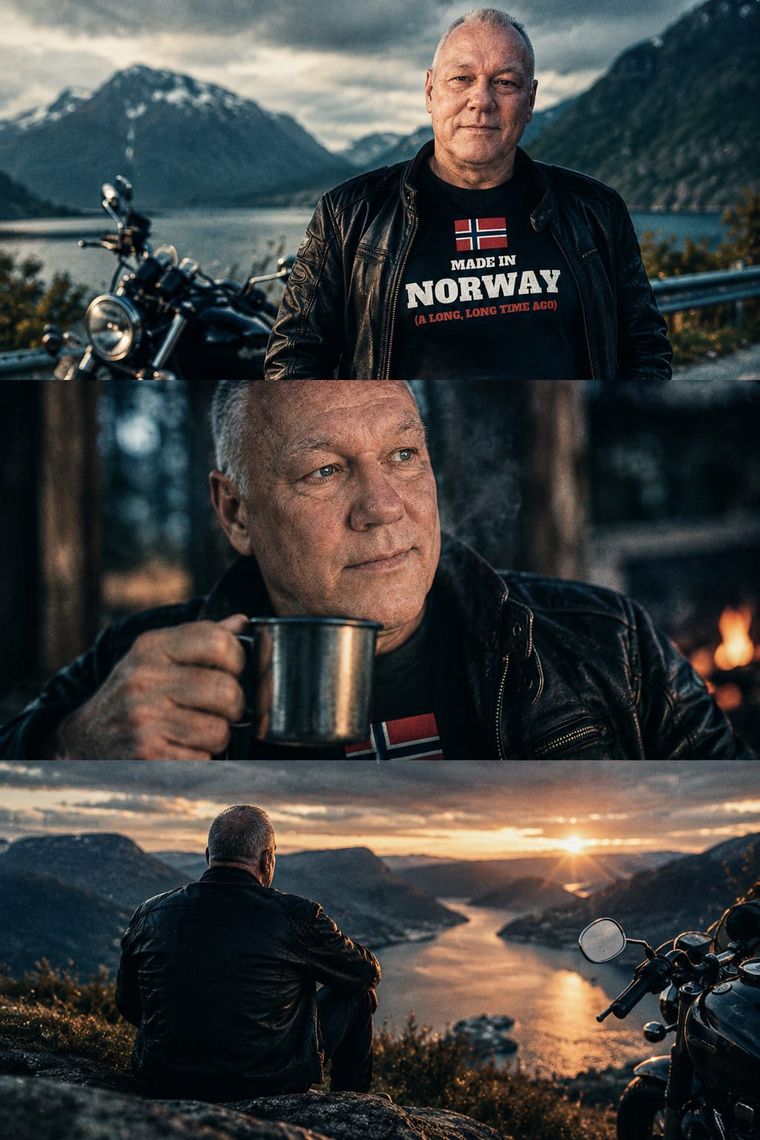 Drei KI-Bilder: Per mit Motorrad am Fjord, mit Tasse am Feuer und am Abend über dem Fjord