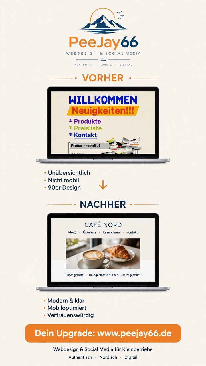 Konzept „Café Nord“: alte unübersichtliche Webseite (vorher) und moderne klare Seite (nachher)
